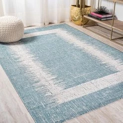 Scandi Minimalist Border Aqua/Ivory 8 ft. x 10 ft. Indoor/Outdoor Area Rug by JONATHAN Y