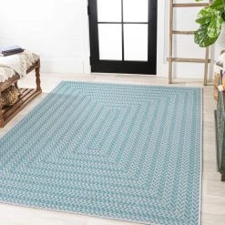 Chevron Modern Concentric Squares Aqua/Light Gray 4 ft. x 6 ft. Indoor/Outdoor Area Rug by JONATHAN Y