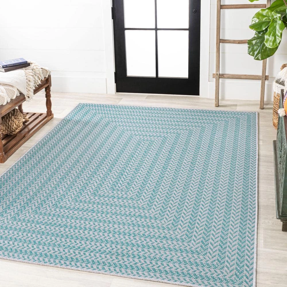Chevron Modern Concentric Squares Aqua/Light Gray 4 ft. x 6 ft. Indoor/Outdoor Area Rug by JONATHAN Y