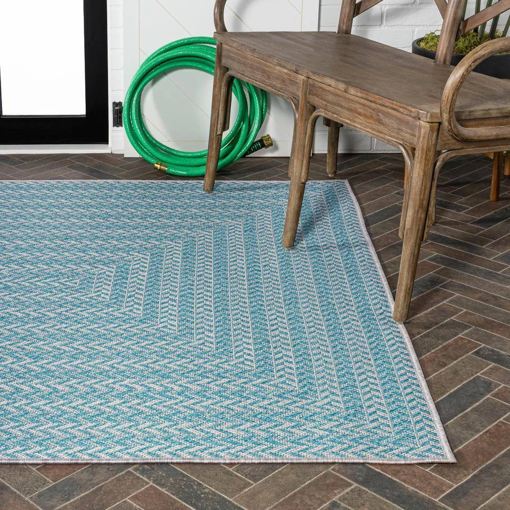 Chevron Modern Concentric Squares Aqua/Light Gray 4 ft. x 6 ft. Indoor/Outdoor Area Rug by JONATHAN Y - Image 4