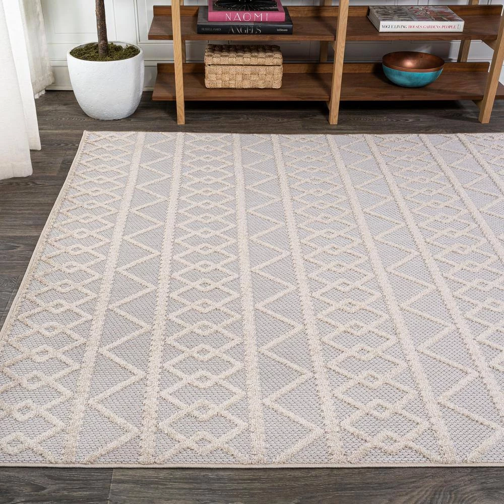 Aylan High-Low Pile Knotted Trellis Geometric Beige 5 ft. x 8 ft. Indoor/Outdoor Area Rug by JONATHAN Y - Image 5