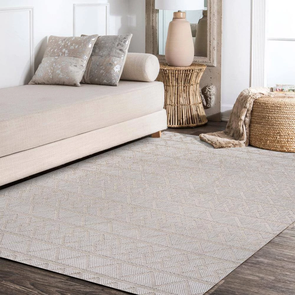 Aylan High-Low Pile Knotted Trellis Geometric Beige 5 ft. x 8 ft. Indoor/Outdoor Area Rug by JONATHAN Y - Image 3