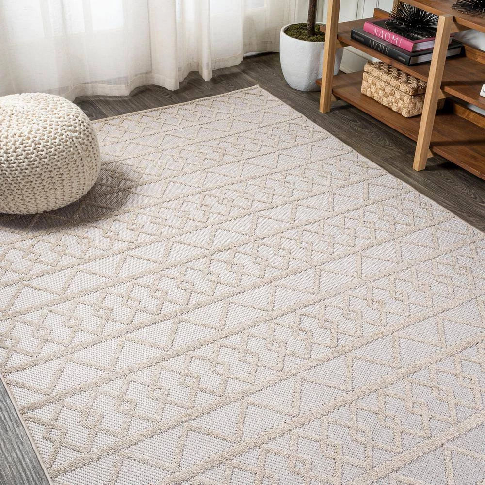 Aylan High-Low Pile Knotted Trellis Geometric Beige 5 ft. x 8 ft. Indoor/Outdoor Area Rug by JONATHAN Y - Image 4