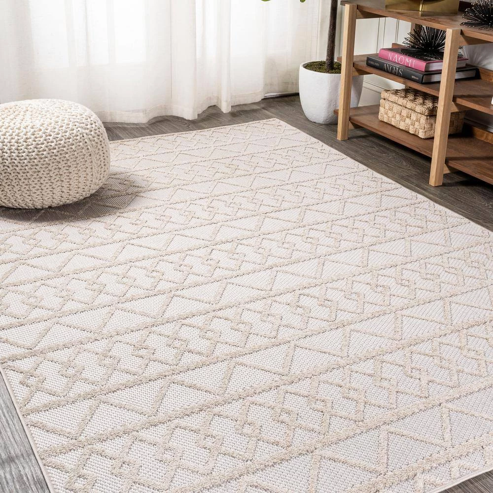 Aylan High-Low Pile Knotted Trellis Geometric Beige 5 ft. x 8 ft. Indoor/Outdoor Area Rug by JONATHAN Y - Image 2