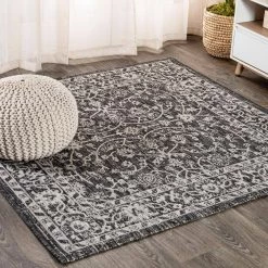 Palazzo Black/Gray 5 ft. Vine and Border Textured Weave Square Indoor/Outdoor Area Rug by JONATHAN Y