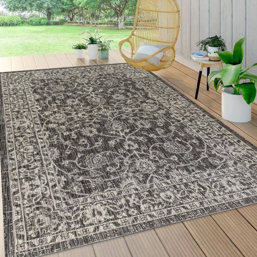Palazzo Black/Gray 9 ft. x 12 ft. Vine and Border Textured Weave Indoor/Outdoor Area Rug by JONATHAN Y - Image 3