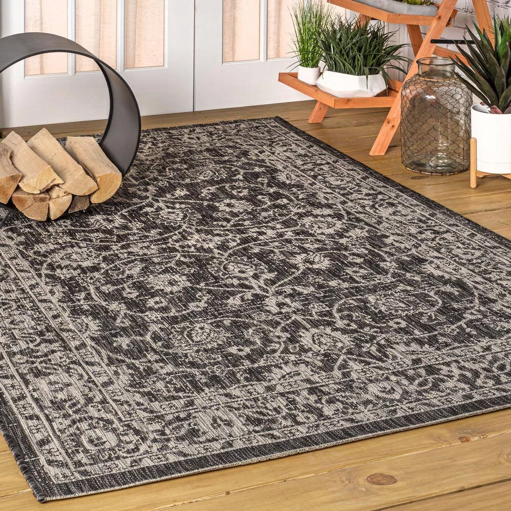 Palazzo Black/Gray 9 ft. x 12 ft. Vine and Border Textured Weave Indoor/Outdoor Area Rug by JONATHAN Y - Image 2