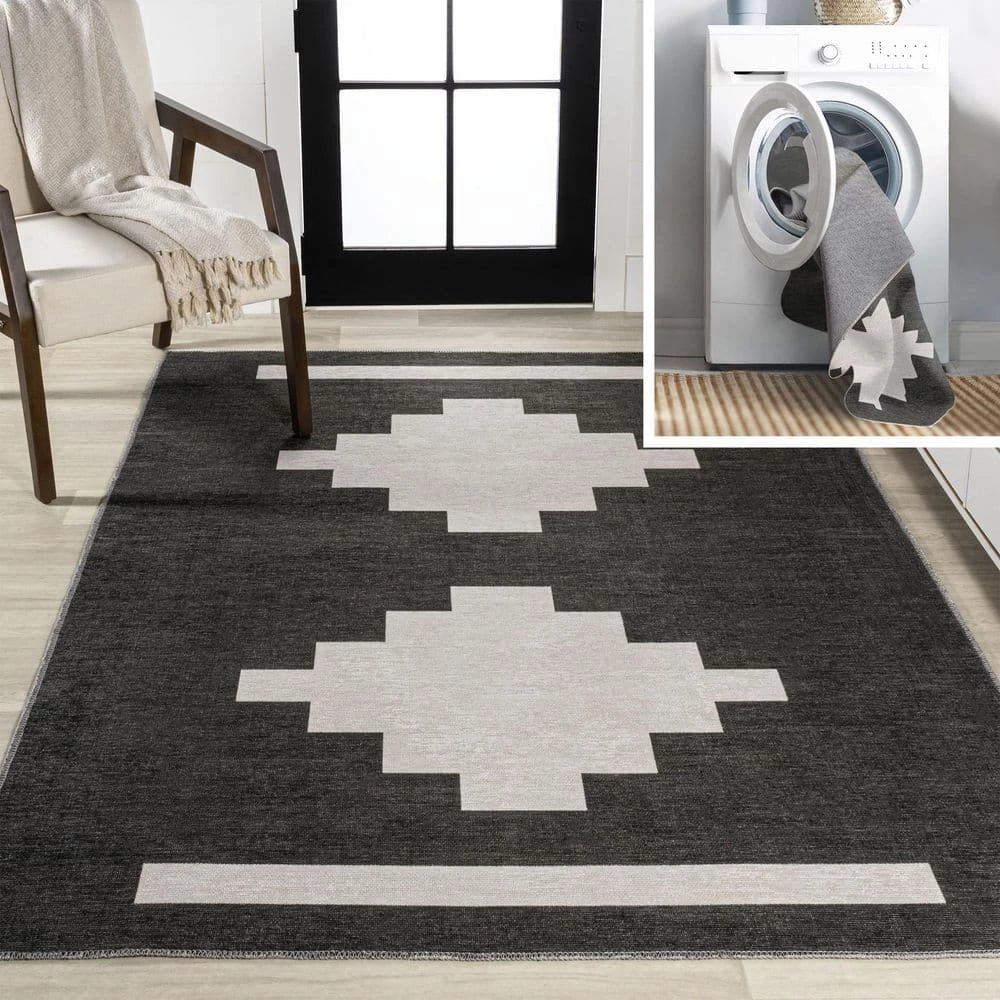 Adriel Geometric Tribal Medallion Machine-Washable Black/Ivory 9 ft. x 12 ft. Area Rug by JONATHAN Y