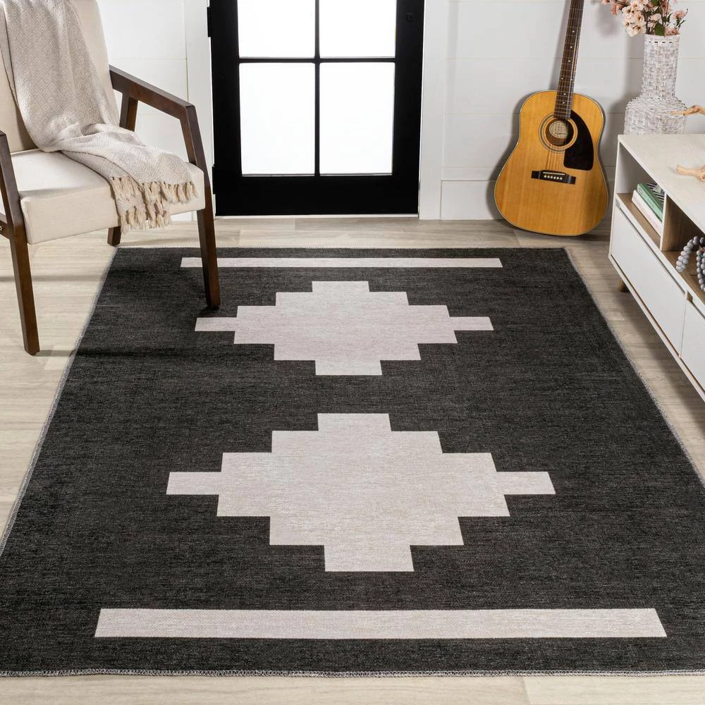 Adriel Geometric Tribal Medallion Machine-Washable Black/Ivory 9 ft. x 12 ft. Area Rug by JONATHAN Y - Image 4
