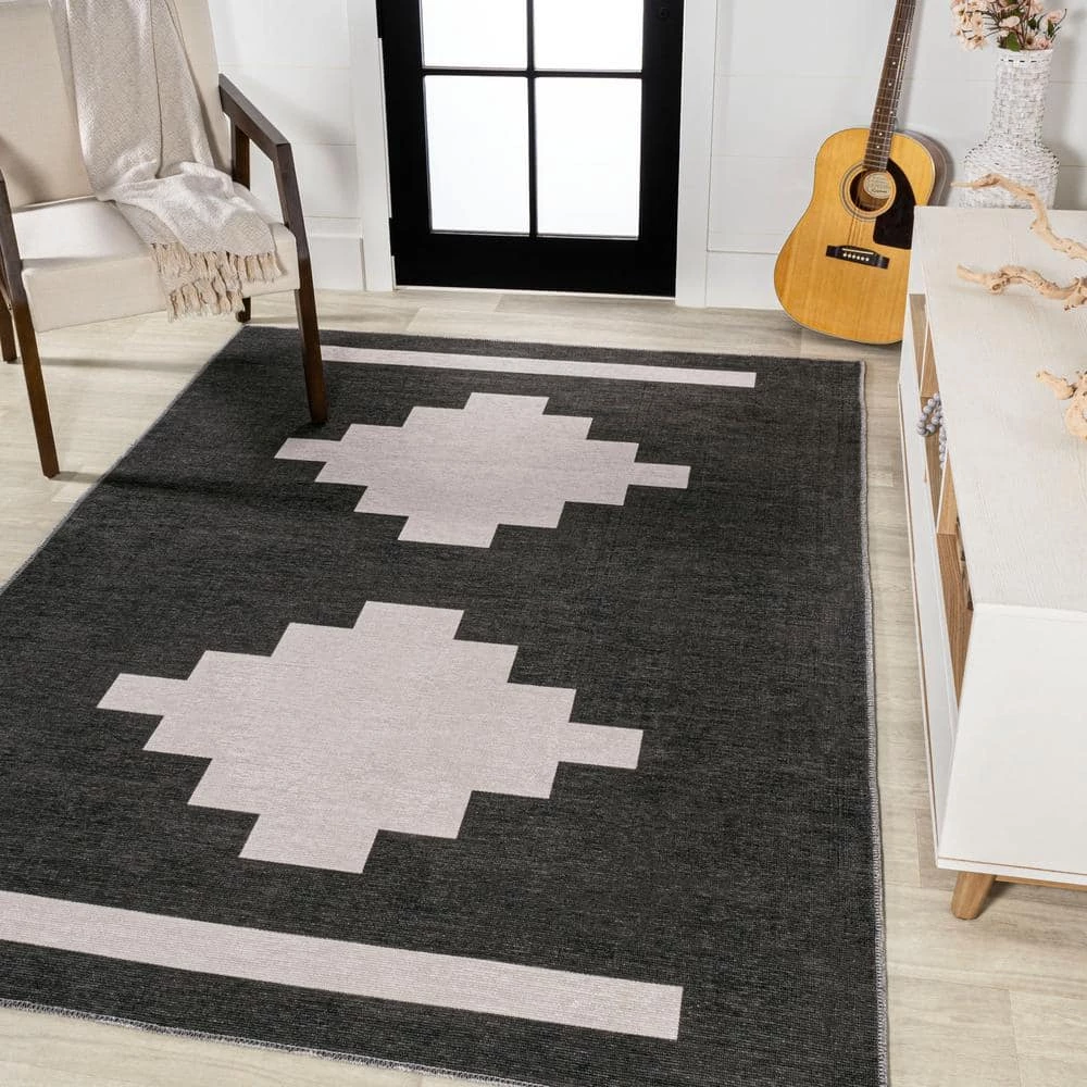 Adriel Geometric Tribal Medallion Machine-Washable Black/Ivory 9 ft. x 12 ft. Area Rug by JONATHAN Y - Image 2