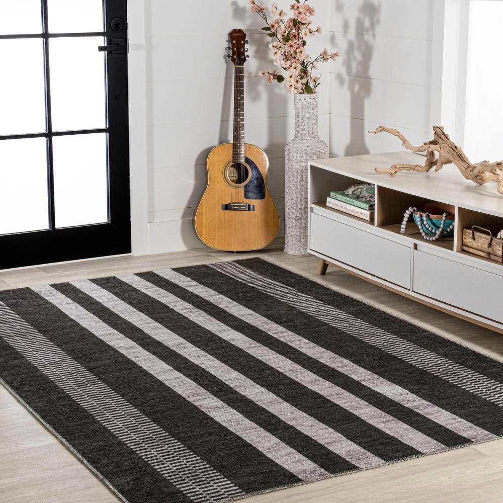 Vichy Geometric Striped Machine-Washable Black/Ivory 9 ft. x 12 ft. Area Rug by JONATHAN Y - Image 5