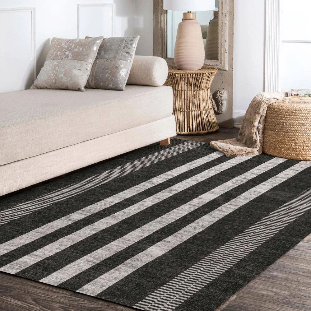Vichy Geometric Striped Machine-Washable Black/Ivory 9 ft. x 12 ft. Area Rug by JONATHAN Y - Image 9
