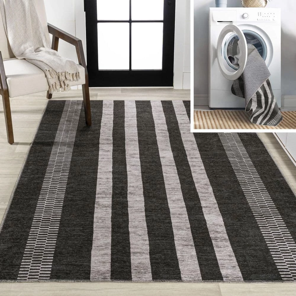 Vichy Geometric Striped Machine-Washable Black/Ivory 9 ft. x 12 ft. Area Rug by JONATHAN Y