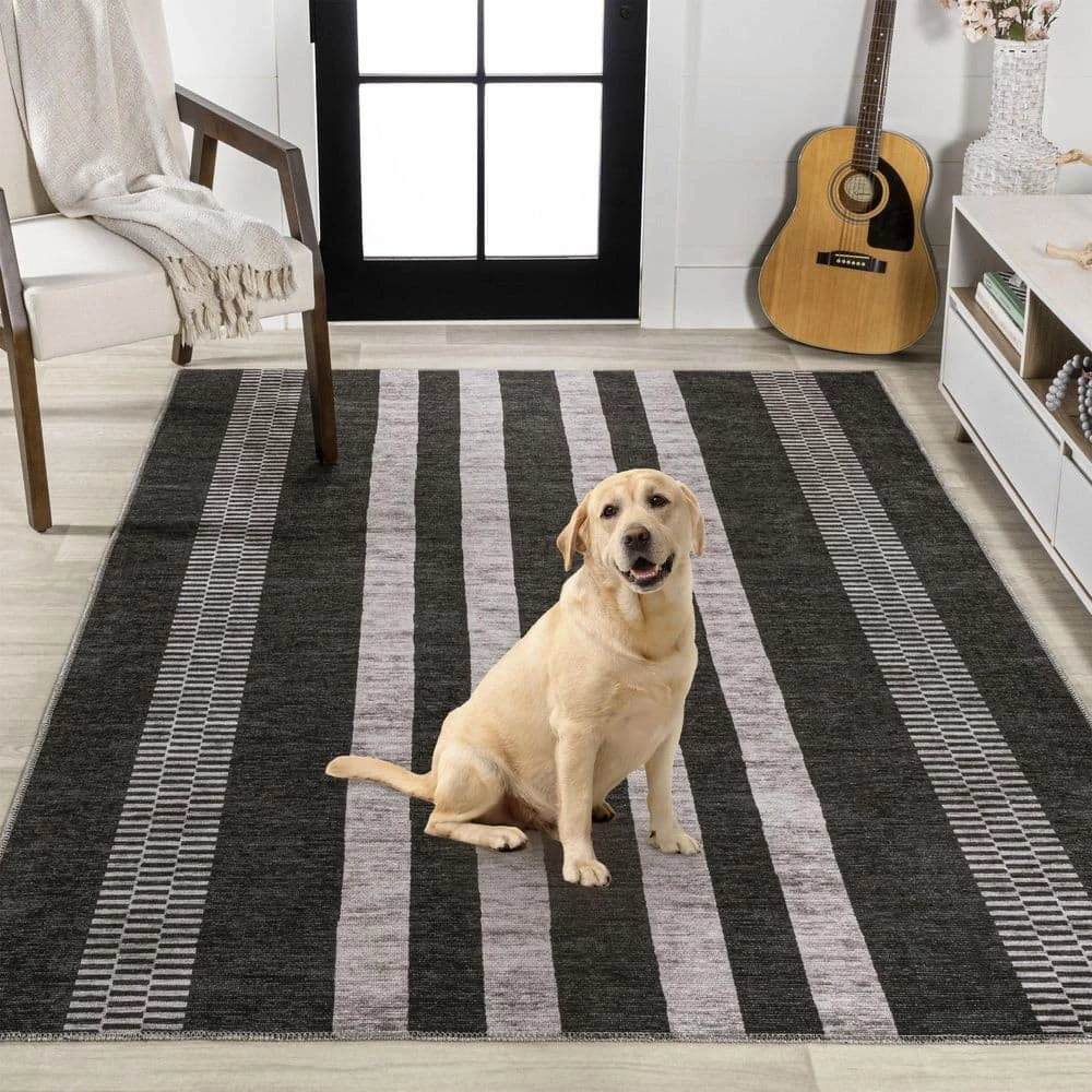 Vichy Geometric Striped Machine-Washable Black/Ivory 9 ft. x 12 ft. Area Rug by JONATHAN Y - Image 12