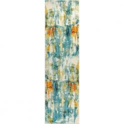 Contemporary POP Modern Abstract Waterfall Blue/Cream 2 ft. 3 in. x 8 ft. Runner Rug by JONATHAN Y