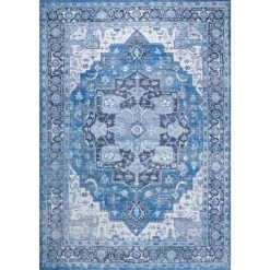 Maris Ornate Blue/Navy 8 ft. x 10 ft. Medallion Machine Washable Indoor Area Rug by JONATHAN Y