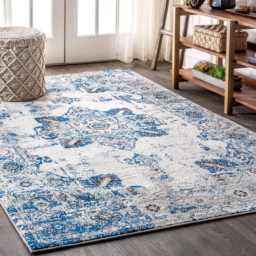 Modern Persian Boho Vintage Medallion Cream/Blue 8 ft. x 10 ft. Area Rug by JONATHAN Y