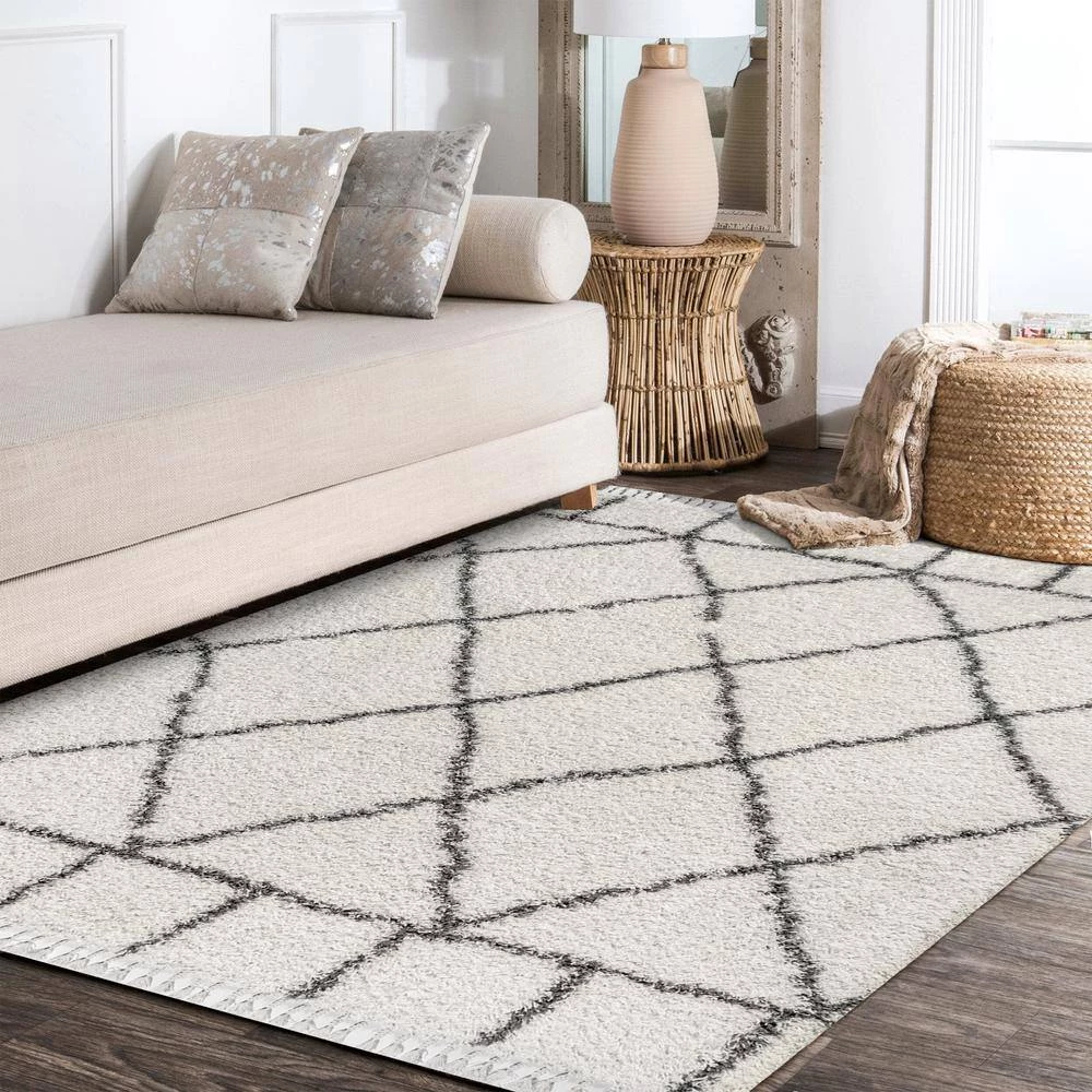 Mercer Shag Plush Tassel Moroccan Geometric Trellis Cream/Grey 8 ft. x 10 ft. Area Rug by JONATHAN Y - Image 3