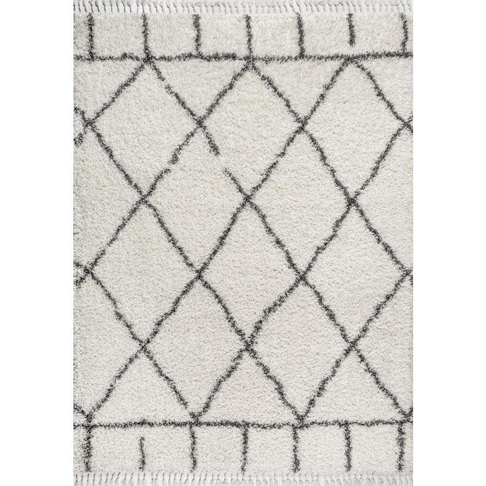 Mercer Shag Plush Tassel Moroccan Geometric Trellis Cream/Grey 8 ft. x 10 ft. Area Rug by JONATHAN Y - Image 2