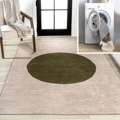Cirkel Minimalist Geometric Dot Machine-Washable Cream/Olive 8 ft. x 10 ft. Area Rug by JONATHAN Y