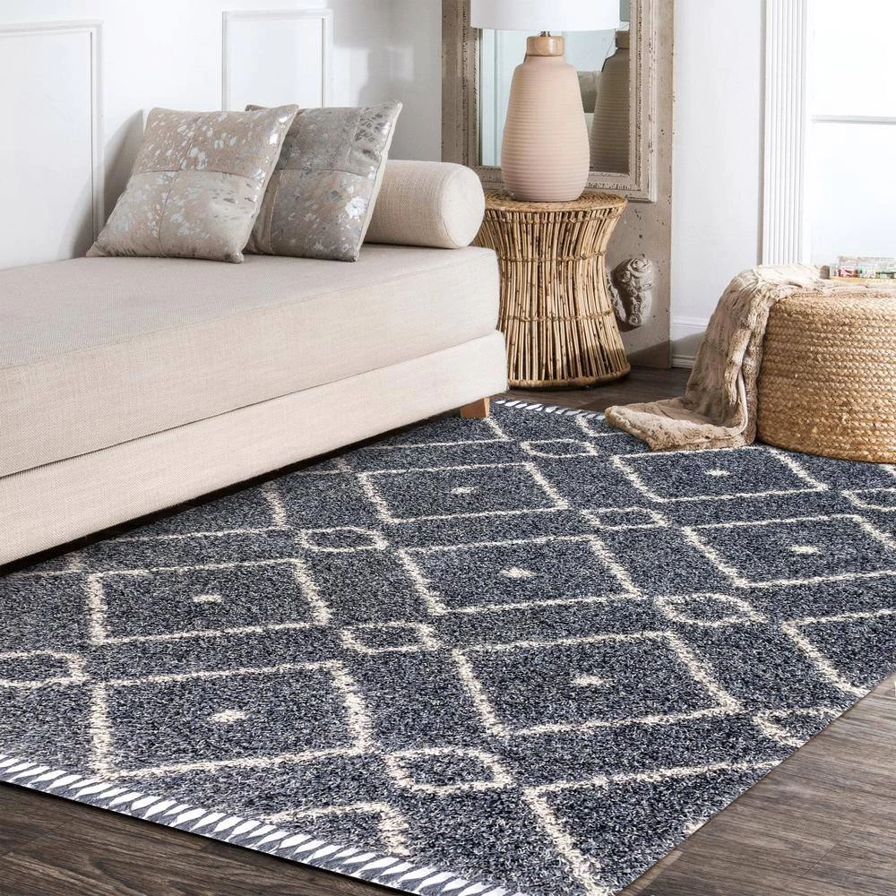 Mercer Shag Plush Tassel Moroccan Diamond Denim Blue/Cream 8 ft. x 10 ft. Area Rug by JONATHAN Y - Image 3