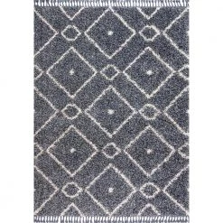 Mercer Shag Plush Tassel Moroccan Diamond Denim Blue/Cream 8 ft. x 10 ft. Area Rug by JONATHAN Y
