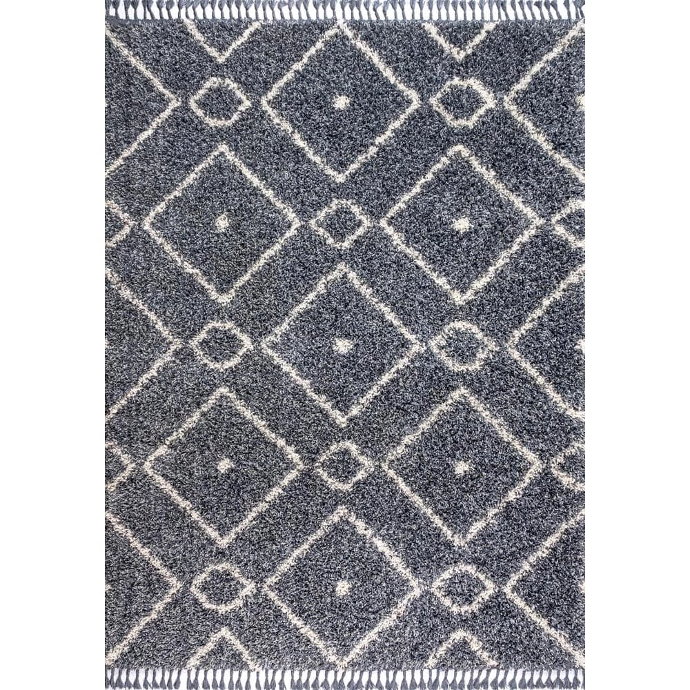 Mercer Shag Plush Tassel Moroccan Diamond Denim Blue/Cream 8 ft. x 10 ft. Area Rug by JONATHAN Y