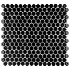 Hudson Penny Round Glossy Black 12 in. x 12-5/8 in. x 5 mm Porcelain Mosaic Tile (10.74 sq. ft. / case) by Merola Tile