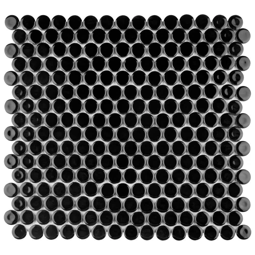 Hudson Penny Round Glossy Black 12 in. x 12-5/8 in. x 5 mm Porcelain Mosaic Tile (10.74 sq. ft. / case) by Merola Tile