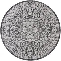 Sinjuri Gray/Black 5 ft. Medallion Textured Weave Indoor/Outdoor Round Area Rug by JONATHAN Y