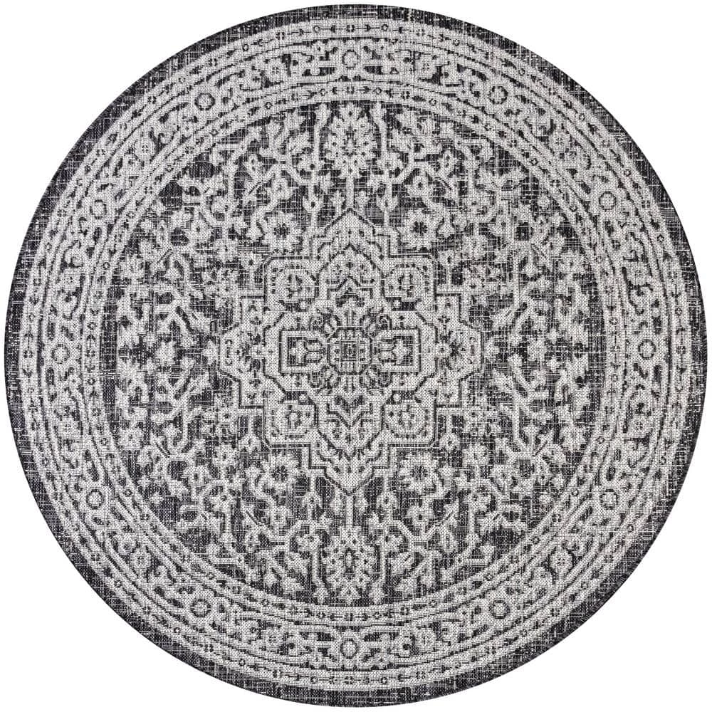 Sinjuri Gray/Black 5 ft. Medallion Textured Weave Indoor/Outdoor Round Area Rug by JONATHAN Y