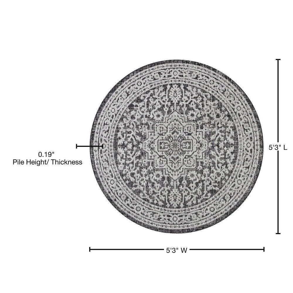 Sinjuri Gray/Black 5 ft. Medallion Textured Weave Indoor/Outdoor Round Area Rug by JONATHAN Y - Image 8