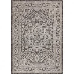 Sinjuri Medallion Gray/Black 7 ft. 9 in. x 10 ft. Textured Weave Indoor/Outdoor Area Rug by JONATHAN Y