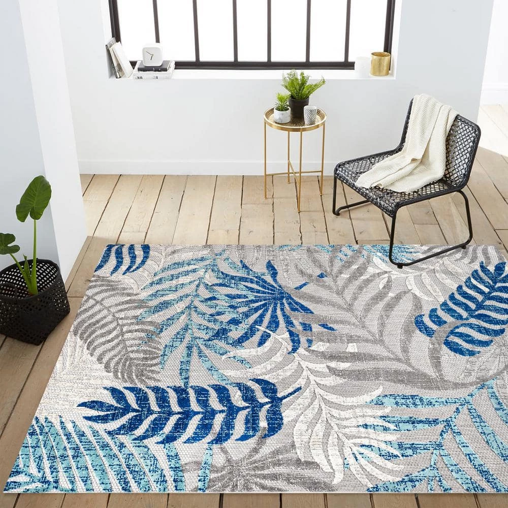 Tropics Palm Leaves Gray/Blue Indoor/Outdoor 8 ft. x 10 ft. Area Rug by JONATHAN Y - Image 4