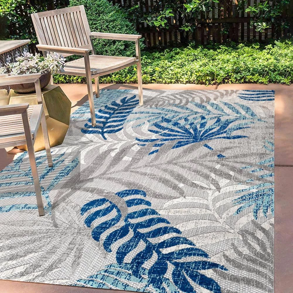 Tropics Palm Leaves Gray/Blue Indoor/Outdoor 8 ft. x 10 ft. Area Rug by JONATHAN Y - Image 3
