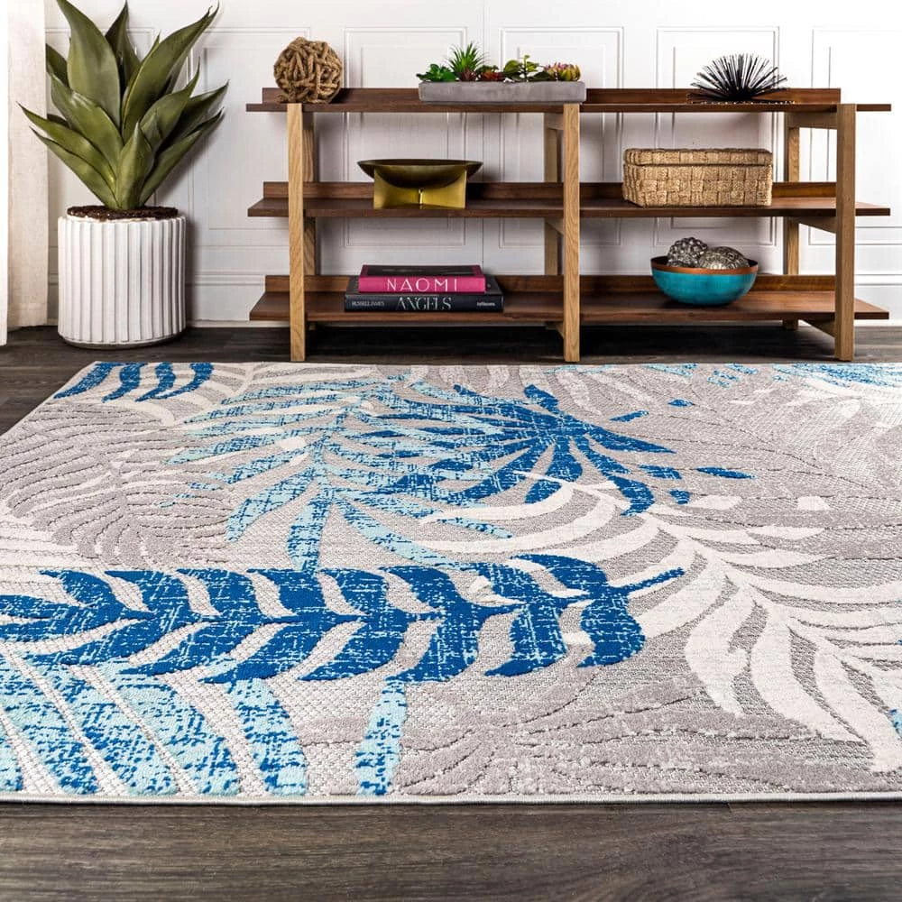 Tropics Palm Leaves Gray/Blue Indoor/Outdoor 8 ft. x 10 ft. Area Rug by JONATHAN Y - Image 5