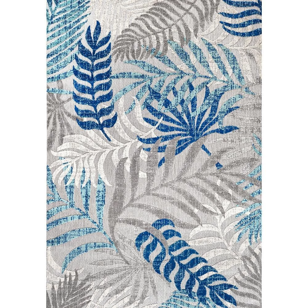 Tropics Palm Leaves Gray/Blue Indoor/Outdoor 8 ft. x 10 ft. Area Rug by JONATHAN Y - Image 2