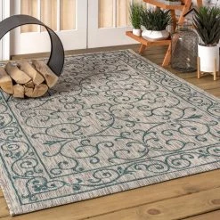 Charleston Teal/Gray 4 ft. x 6 ft. Vintage Filigree Textured Weave Indoor/Outdoor Area Rug by JONATHAN Y