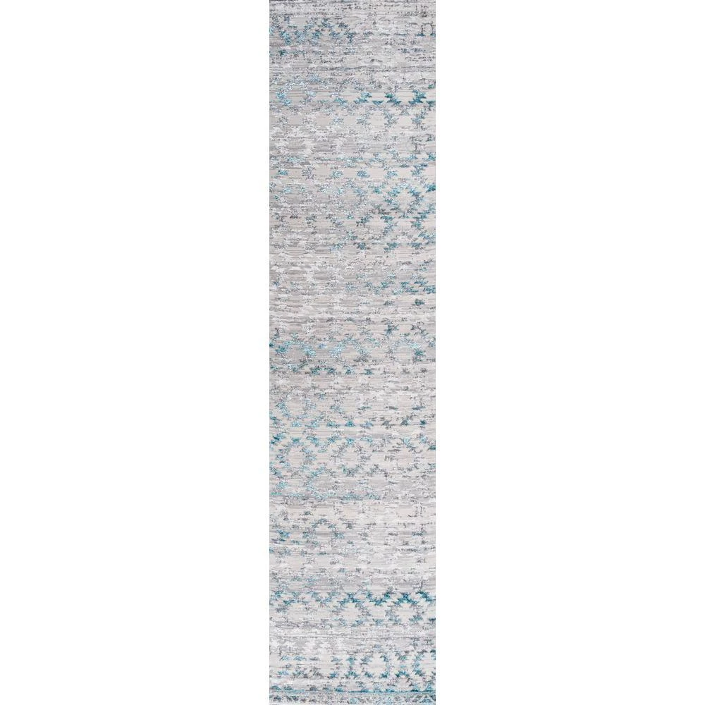 Ancient Faded Trellis Gray/Turquoise 2 ft. x 10 ft. Runner Rug by JONATHAN Y - Image 2
