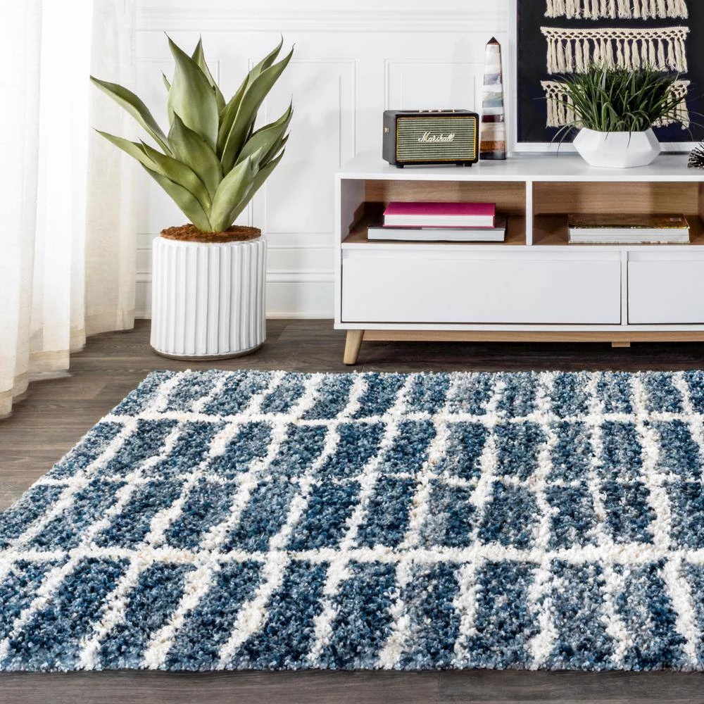 Merida Stacked Grid Shag Indigo Blue/Ivory 5 ft. 3 in. x 7 ft. 7 in. Area Rug by JONATHAN Y - Image 12