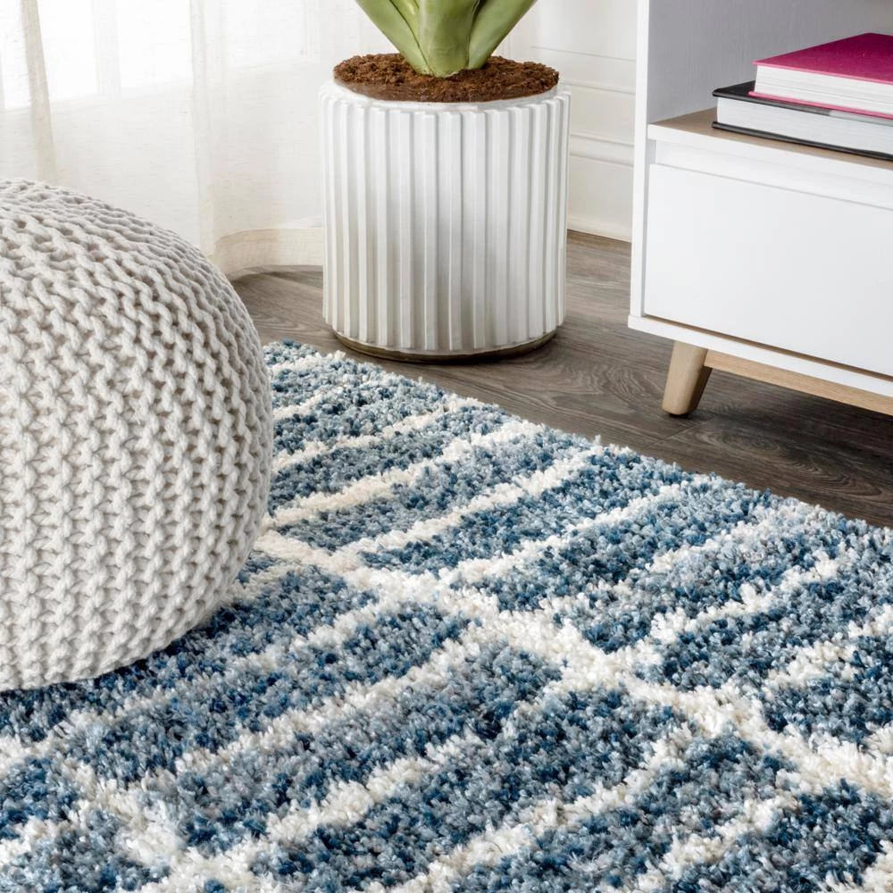 Merida Stacked Grid Shag Indigo Blue/Ivory 5 ft. 3 in. x 7 ft. 7 in. Area Rug by JONATHAN Y - Image 6