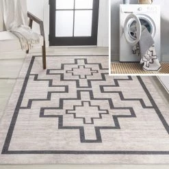 Ashkii Minimalist Medallion Machine-Washable Ivory/Black 8 ft. x 10 ft. Area Rug by JONATHAN Y