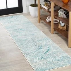 Arlo Woodgrain Geometric Ivory/Blue 2 ft. x 8 ft. Runner Rug by JONATHAN Y