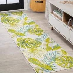 Monstera Ivory/Green 2 ft. x 8 ft. Tropical Leaves Runner Rug by JONATHAN Y