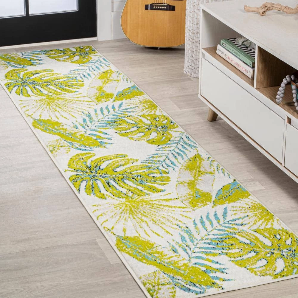 Monstera Ivory/Green 2 ft. x 8 ft. Tropical Leaves Runner Rug by JONATHAN Y