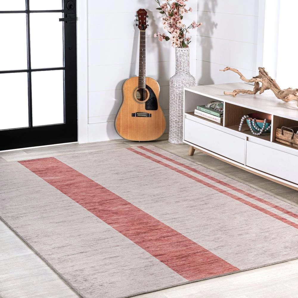 Raita Modern Distressed Stripe Machine-Washable Ivory/Pink 8 ft. x 10 ft. Area Rug by JONATHAN Y - Image 5