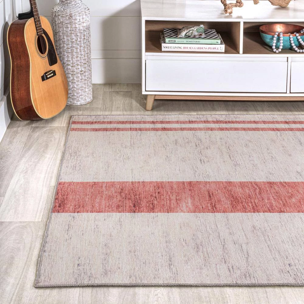 Raita Modern Distressed Stripe Machine-Washable Ivory/Pink 8 ft. x 10 ft. Area Rug by JONATHAN Y - Image 3