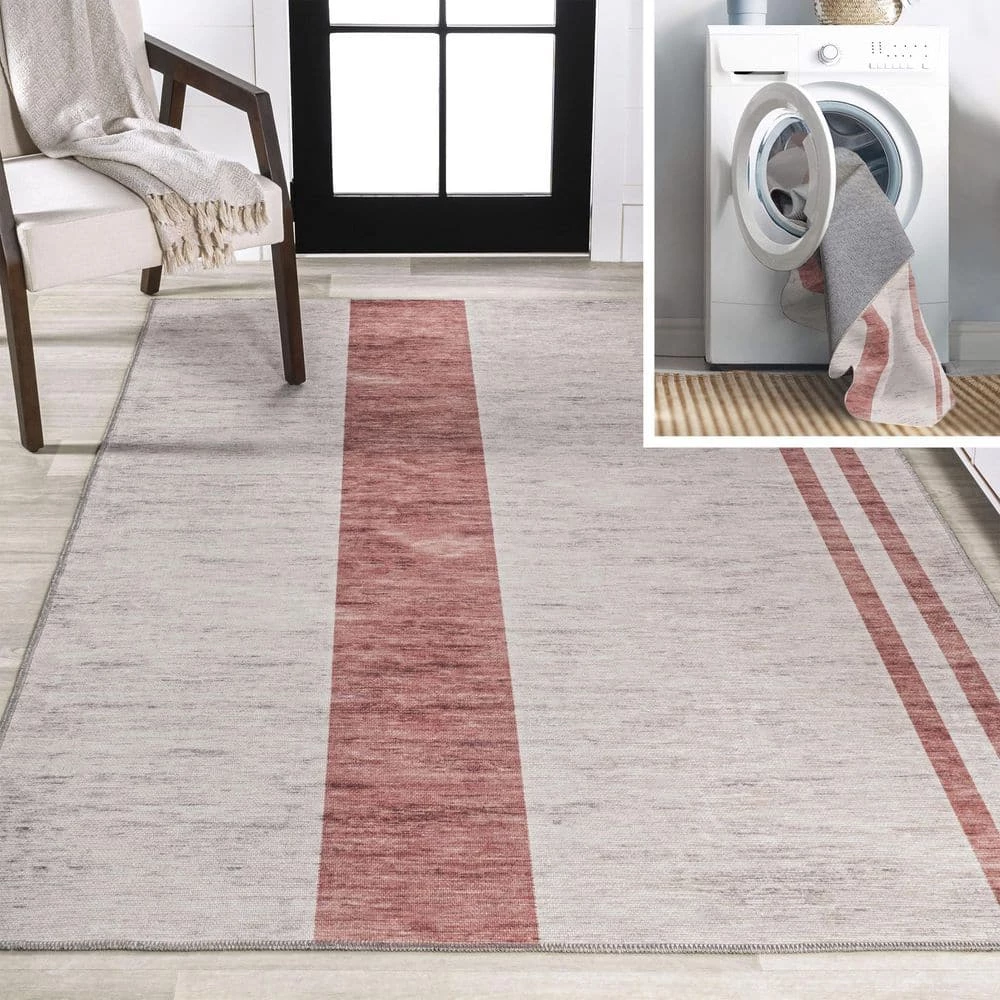 Raita Modern Distressed Stripe Machine-Washable Ivory/Pink 8 ft. x 10 ft. Area Rug by JONATHAN Y