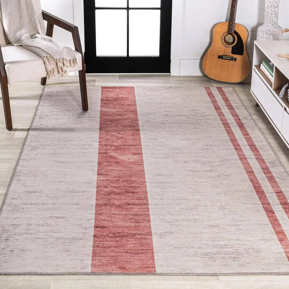 Raita Modern Distressed Stripe Machine-Washable Ivory/Pink 8 ft. x 10 ft. Area Rug by JONATHAN Y - Image 4