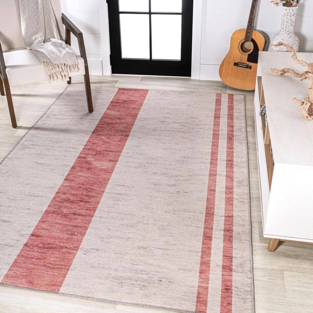 Raita Modern Distressed Stripe Machine-Washable Ivory/Pink 8 ft. x 10 ft. Area Rug by JONATHAN Y - Image 2